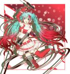  aqua_eyes aqua_hair boots cola_miku elbow_gloves gloves gradient_hair grin hatsune_miku highres jumping long_hair looking_at_viewer looking_back microphone microphone_stand mouth_hold multicolored_hair red_hair redhead skirt smile solo twintails very_long_hair vocaloid 