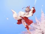  animal_ears arm_up ass bare_legs bare_shoulders blue_background cherry_blossoms detached_sleeves from_behind grey_hair hat inubashiri_momiji jumping long_sleeves panties pantyshot petals short_hair sigure_(drizzle) silver_hair skirt sky solo sword tail tokin_hat touhou underwear upskirt weapon wide_sleeves wolf_ears wolf_tail 