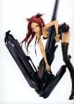  android bare_shoulders beatless black_legwear boots breasts cleavage cyberpunk dress fang grin hair_ornament highres huge_weapon kouka_(beatless) leaning_forward long_hair red_eyes red_hair redhead redjuice science_fiction simple_background skirt smile solo thigh-highs thigh_boots thighhighs weapon 