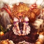  black_dress blonde_hair blush braid curiosities_of_lotus_asia dress egg embarrassed food hair_ribbon in_food kirisame_marisa long_hair messy_hair minigirl no_hat no_headwear nose_blush oden purple_eyes ribbon setsugeka_tumugi sitting solo squid takoyaki tears touhou v_arms violet_eyes wrist_cuffs 