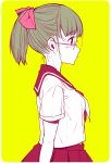  asada_tarou bow glasses hair_bow original ponytail profile sakiyo_cake school_uniform serafuku skirt solo white_skin yellow_background 