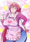  alternate_costume alternate_hairstyle apron arcana_heart arcana_heart_2 bifidus blush clarice_di_lanza closed_eyes clothes_writing collarbone cooking english erect_nipples eyes_closed frilled_apron heavy_breathing jeans open_mouth pink_hair red_hair redhead solo stain sweater wand 
