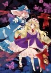  blonde_hair butterfly dress gap geta gloves hat long_hair multiple_girls nishino_miyuki pink_hair purple_eyes red_eyes saigyouji_yuyuko tabi touhou violet_eyes yakumo_yukari 