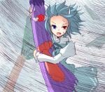  blue_hair heterochromia karakasa_obake miyo_(ranthath) red_eyes short_hair solo storm sweat sweatdrop tatara_kogasa tongue tongue_out touhou umbrella wind 