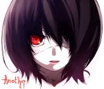  another bad_id black_hair cauliflower_(artist) eyepatch face looking_at_viewer misaki_mei parted_lips red_eyes short_hair solo 