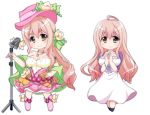  bare_shoulders belt bracelet breasts brown_eyes chibi cleavage dress dual_persona flower hand_on_hip hands_together hat hips idolmaster idolmaster_cinderella_girls jewelry large_breasts long_hair microphone microphone_stand necklace oborotsuki_kakeru pink_hair saionji_kotoka smile 