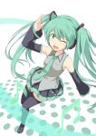  boots cutefreak detached_sleeves green_eyes green_hair hatsune_miku headset highres long_hair musical_note necktie open_mouth skirt solo thigh-highs thigh_boots thighhighs twintails very_long_hair vocaloid wink 