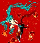  aqua_eyes aqua_hair boots bubble cola_miku collarbone elbow_gloves from_above gloves hatsune_miku highres ice long_hair looking_at_viewer looking_up multicolored_hair pantyhose red red_background red_hair redhead salute shorts smile solo twintails very_long_hair vocaloid wink 