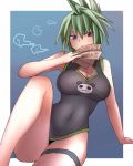  bare_shoulders between_fingers breasts cleavage cleavage_cutout green_hair holding large_breasts ofuda ohoo one-piece_swimsuit panda purple_eyes shaman_king sitting solo spiked_hair spiky_hair swimsuit tao_jun thigh_strap violet_eyes 