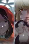  artist_request blonde_hair breasts brown_eyes brown_hair cat_tail collarbone detached_collar frown hood linia_pacifica long_hair lowres lunia_scentriver multiple_girls nail_polish red_eyes ribbon smile sword_girls tail 