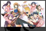  animal_ears backpack bag bakemonogatari bandage bandages cat_ears directional_arrow doughnut drum drum_set guitar hachikuji_mayoi hanekawa_tsubasa hat helmet highres instrument jacket_on_shoulders k-on! kanbaru_suruga monogatari_(series) multiple_girls nekomonogatari oshino_shinobu parody randoseru school_swimsuit school_uniform sengoku_nadeko senjougahara_hitagi swimsuit synthesizer thigh-highs thighhighs yuguru 