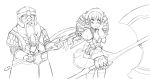  1girl armor axe battle_axe beard blush chainmail crossover dress dwarf earrings facial_hair flat_chest gift gimli gloves helmet highres jewelry kekekeke lineart lord_of_the_rings monochrome queen&#039;s_blade queen's_blade ribbon ringlets thigh-highs thighhighs weapon ymir 