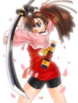  artist_request blue_eyes brown_hair cherry_blossoms katana ponytail samurai_spirits sheath shorts sword weapon yoshino_rinka 