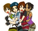  beret black_hair blue_eyes brown_hair claire_redfield hat hug hug_from_behind jill_valentine multiple_girls no_nose open_mouth purple_eyes rebecca_chambers resident_evil resident_evil_2 resident_evil_5 sheva_alomar short_hair smile syobumoga violet_eyes wink 