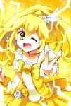 blonde_hair bowtie brooch choker cure_peace dress electricity happy highres jewelry kise_yayoi long_hair magical_girl no_nose oshakana precure skirt smile_precure! solo v wink wrist_cuffs yellow yellow_background yellow_dress yellow_eyes 