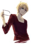  blonde_hair casual fate/prototype fate_(series) glasses green_eyes male saber_(fate/prototype) short_hair sinsora smirk 