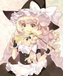  alternate_costume apron bangs bare_shoulders blonde_hair bow braid branch corset covering covering_face covering_mouth frills glitter hair_bow hat hat_bow kirisame_marisa long_hair nail_polish pukozin side_braid solo touhou wavy_hair witch witch_hat wrist_cuffs yellow_eyes 