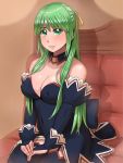  angel_mort bangs bare_shoulders blue_legwear bow breasts bridal_gauntlets cleavage clothed_navel couch detached_collar dress erect_nipples garter_straps green_eyes green_hair hair_ribbon hands_together higurashi_no_naku_koro_ni indoors lace lace-trimmed_dress large_breasts long_hair looking_at_viewer one_side_up parted_lips payot ponytail ribbon shadow short_dress sitting smile solo sonozaki_shion thighhighs waitress zenkou zettai_ryouiki 