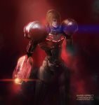  1girl anabel_martinez arm_cannon armor blonde_hair crossover mass_effect metroid pauldrons ponytail power_suit samus_aran signature solo weapon 
