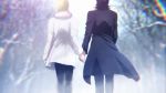  2boys blonde_hair brown_hair cassock derivative_work fate/stay_night fate_(series) forest from_behind gilgamesh hand_holding holding_hands jacket kotomine_kirei long_coat multiple_boys nature parody rinoko_otoge snow white_jacket 
