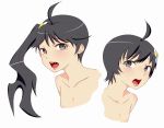  araragi_karen araragi_tsukihi bare_shoulders black_eyes black_hair bust fried_egg hair_ornament hydrangia long_hair monogatari_(series) naughty_face nisemonogatari nude open_mouth ponytail short_hair 