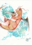  blue_eyes dragonite flower highres holding holding_flower no_humans open_mouth pastel_(medium) pokemon pokemon_(creature) pokemon_(game) pokemon_rgby satsuan0120 traditional_media wings 