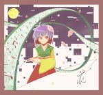  blue_hair border calligraphy_brush cup full_moon hieda_no_akyuu holding hunabera moon musical_note paintbrush purple_eyes saucer smile solo teacup touhou translation_request violet_eyes 