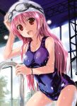  absurdres artist_request breasts brown_eyes character_request goggles goggles_on_hat highres komatsu_eiji long_hair one-piece_swimsuit open_mouth original pink_hair scan school_swimsuit shiny shiny_clothes smile solo swim_cap swimsuit wet 