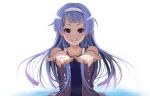  bangs blue_hair blunt_bangs blush hair_tubes hairband highres kannagi long_hair nagi outstretched_arms outstretched_hand purple_eyes smile solo violet_eyes wading water zero 