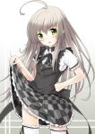  ahoge blush checkered checkered_skirt green_eyes haiyore!_nyaruko-san highres long_hair nyarlathotep_(nyaruko-san) open_mouth silver_hair skirt solo tanakahazime thigh-highs thighhighs 