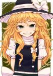  blonde_hair blue_eyes bow bust grin hair_bow hat kirisame_marisa long_hair looking_at_viewer messy_hair puffy_sleeves ryuhey short_sleeves smile solo symbol-shaped_pupils touhou very_long_hair witch witch_hat 