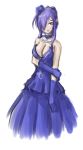  arceonn bare_shoulders blue_dress blue_gloves blush breasts choker cleavage dress elbow_gloves fatima flower formal gloves gown hair_flower hair_ornament hair_over_one_eye holding holding_arm jewelry large_breasts long_hair luminous_arc luminous_arc_2 pendant pointy_ears purple_eyes purple_hair solo violet_eyes white_background 