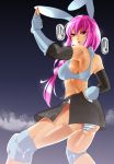  alternate_costume animal_ears ass bare_shoulders bowa breasts bunny_ears bunny_tail elbow_gloves erect_nipples fighting_stance gloves knee_pads large_breasts long_hair muscle panties pink_hair red_eyes reisen_udongein_inaba skirt solo striped striped_panties tail touhou underwear 