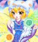  animal_ears arms_up bad_id blonde_hair blush breasts brooch danmaku eyelashes fang fox_ears fox_tail frills hat jewelry long_sleeves looking_at_viewer multiple_tails ofuda open_mouth qqqrinkappp short_hair sky solo star_(sky) starry_sky tabard tail tassel teeth touhou traditional_media watercolor_pencil_(medium) wide_sleeves yakumo_ran yellow_eyes 