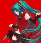  aqua_hair cola_miku detached_sleeves hatsune_miku highres long_hair navel open_mouth red_background red_eyes simple_background skirt solo thigh-highs thighhighs totuka twintails very_long_hair vocaloid zettai_ryouiki 