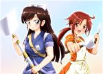  apron blue_eyes bow brown_hair crossover diesel-turbo female hair_bow hino_akane kuonji_ukyou long_hair multiple_girls ponytail precure pretty_cure ranma_1/2 red_eyes red_hair redhead shirt short_hair sleeves_rolled_up smile smile_precure! spatula 
