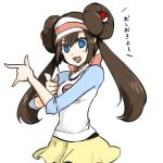  \m/ bishoujo_senshi_sailor_moon blue_eyes bow brown_hair double_bun female_protagonist_(pokemon_bw2) long_hair looking_at_viewer mei_(pokemon) nuana pantyhose parody pointing poke_ball pokemon pokemon_(game) pokemon_bw2 pose raglan_sleeves simple_background skirt solo translated tsuki_ni_kawatte_oshioki_yo twintails visor visor_cap white_background 