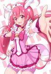  :d antenna_hair bike_shorts bowtie brooch choker cure_happy dress head_wings hoshizora_miyuki jewelry long_hair magical_girl open_mouth outstretched_arms pink pink_dress pink_eyes pink_hair precure shorts_under_skirt skirt smile smile_precure! solo spread_arms tiara tokunou_shoutarou twintails 