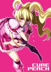  blonde_hair boots clenched_teeth corset cure_peach earrings enoshima_iki fresh_precure! hair_ornament hairpin heart jewelry long_hair magical_girl momozono_love pink_background pink_eyes precure serious skirt solo twintails wrist_cuffs 