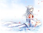  ahri alternate_hair_color animal_ears bare_shoulders barefoot fox_ears fox_tail ihet league_of_legends long_hair multiple_tails petals red_eyes solo tail water white_hair 