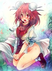  ahoge bandage bandages blush breasts double_bun erect_nipples flower hair_bun ibara_kasen ibaraki_kasen kneeling no_panties open_mouth pink_eyes pink_hair rose seiza shoes short_hair sitting solo sweat tabard tears touhou ukyo_rst wind_lift 