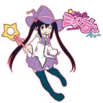  ;d black_hair blush_stickers bow brown_eyes hat k-on! long_hair mirakurun mirakurun_(cosplay) monochrome nakano_azusa open_mouth seiyuu_connection skirt smile solo star taketatsu_ayana thigh-highs thighhighs twintails wand wink witch_hat yuru_yuri 