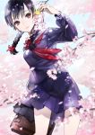  black_hair braid brown_eyes butterfly cherry_blossoms copyright_request highres hitowa petals school_uniform serafuku skirt smile solo twin_braids twintails wind 