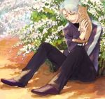  bad_id cat command_spell fate/zero fate_(series) flower hoodie male matou_kariya ruondea solo white_hair wink 
