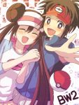  1boy 1girl blush bow breasts brown_eyes brown_hair closed_eyes double_bun eco-mizu hat jacket kyouhei_(pokemon) long_hair mei_(pokemon) open_mouth pantyhose poke_ball pokemon pokemon_(game) pokemon_bw2 raglan_sleeves smile title_drop twintails visor_cap 