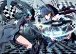  aoki_reika armor battle black_hair black_legwear black_rock_shooter black_rock_shooter_(character) blue_eyes blue_hair coat crossover cure_beauty frills hair_tubes highres long_hair long_sleeves merontomari multiple_girls precure shorts skirt smile_precure! star sword thighhighs twintails weapon 