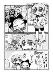  arms_up bottle braid closed_eyes comic gakubuchi_aiko hair_ornament kappa landmark monochrome multiple_girls open_mouth original partially_translated sake_bottle school_uniform shorts_under_skirt skirt statue_of_liberty translation_request twin_braids 