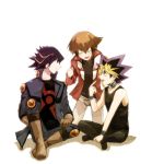  brown_hair clenched_hand closed_eyes eyes_closed fudou_yuusei highres jacket multicolored_hair multiple_boys mutou_yuugi pointing purple_eyes rubish_(artist) simple_background sitting violet_eyes white_background yu-gi-oh! yuu-gi-ou yuu-gi-ou_5d's yuu-gi-ou_duel_monsters yuu-gi-ou_gx yuuki_juudai 