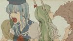  blue_eyes blue_hair dress dual_persona ex-keine green_hair hat horns kamishirasawa_keine long_hair multiple_girls open_mouth plus-kitsch red_eyes ribbon touhou 