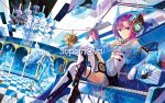  1girl artist_request blue castle chandelier checkered_floor dutch_angle exit_tunes gloves headphones high_heels moon piano pink_hair see-through short_hair sitting supernova thigh-highs trumpet wallpaper wire 
